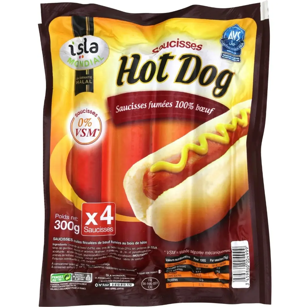 SAUCISSES HOT-DOG BOEUF AVS 300G ISLA MONDIAL